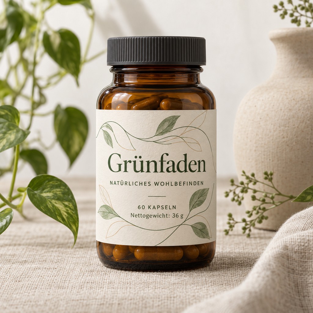Grünfaden in einer Produktaufnahme mit lesbarem Etikett